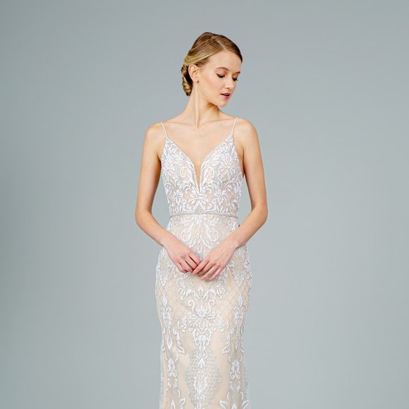 NEW LONG OFF THE SHOULDER SLEEVELESS MERMAID DRESS EMBROIDERED WITH LACE GL2990 - Picture 1 of 12